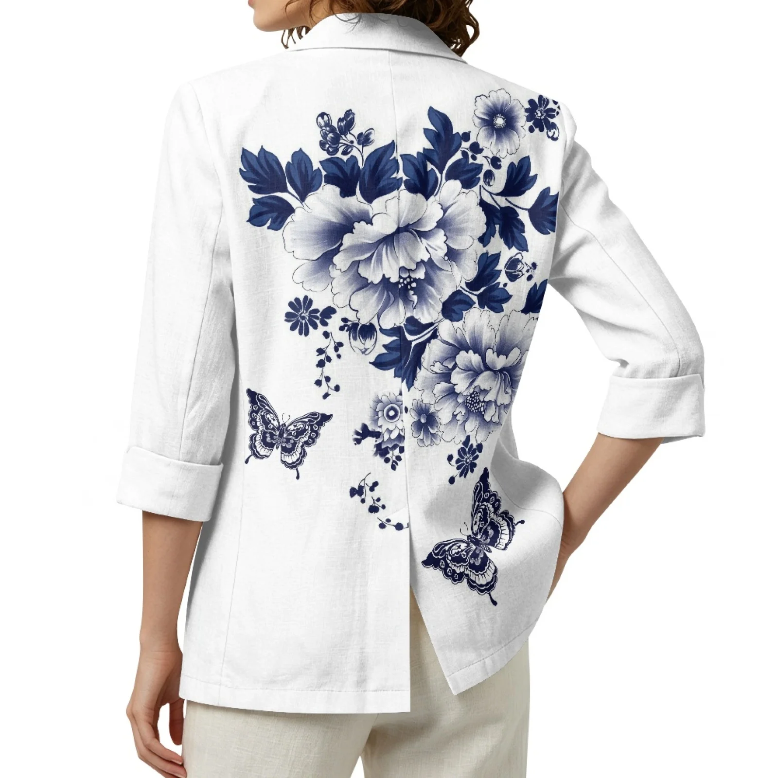 PENSTROLL Blue Floral Butterfly Linen Style Open Front Cardigans S-3XL, 3/4 Sleeve Casual Outerwear for Women for Beach