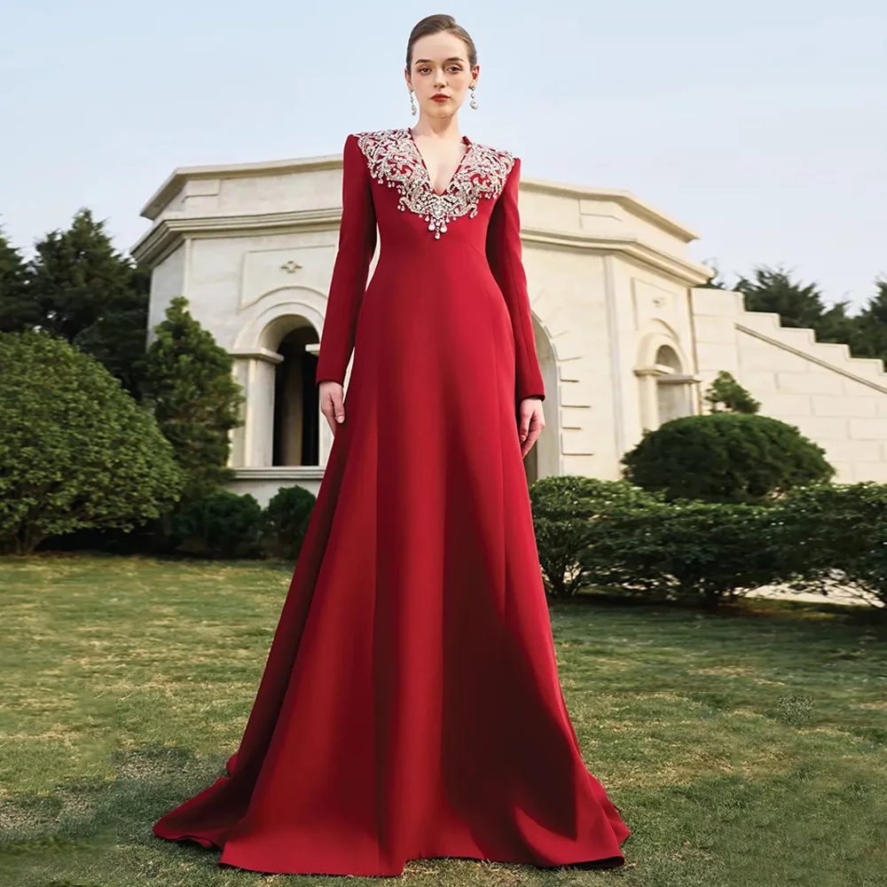 Red Evening Dress Customized V Neck Long Sleeves Beading Stone A Line Sweep Train Formal Prom Gowns Modern Prom Dress