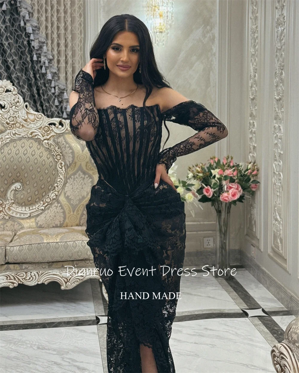 Dianruo Прозрачное черное вечернее платье с уникальными аппликациями и кружевом Vestidos De Novia с открытыми плечами, шикарное Abiti Da Cerimonia по индивидуальному заказу