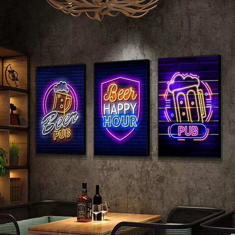 Retro Neon Beer Glass Posters Canvas Painting Happy Hour Vintage Wall Art Picture for Pub Bar Room Home Decoration No Led