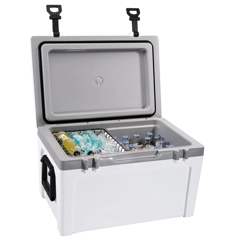 Insulated hard cooler box with heavy-duty handles, durable