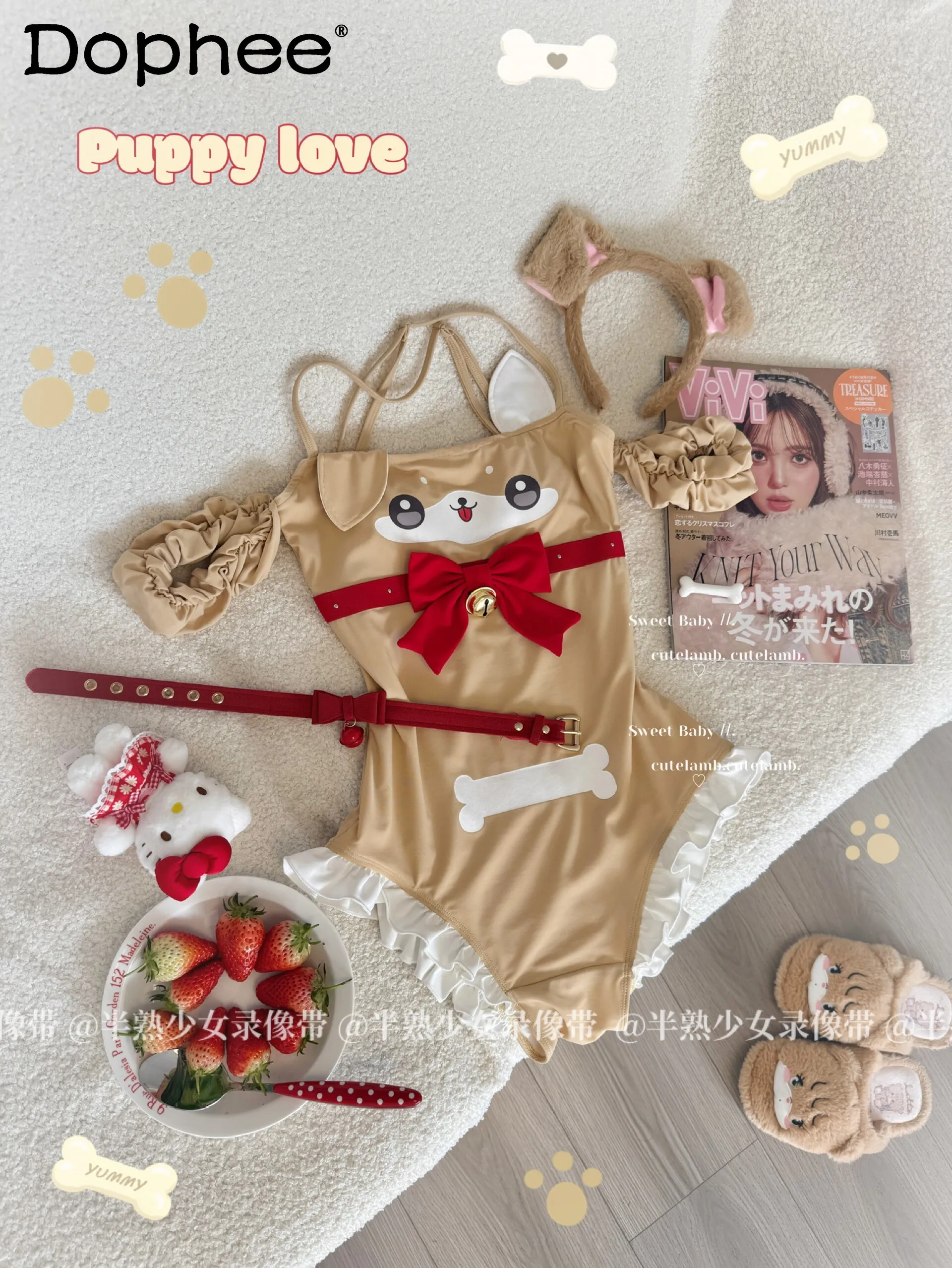

Japanese Original Soft Cute Girl Beach Vacation One-piece Swimsuit Cartoon Puppy Slim Suspender Swimsuit with Chest Cushion