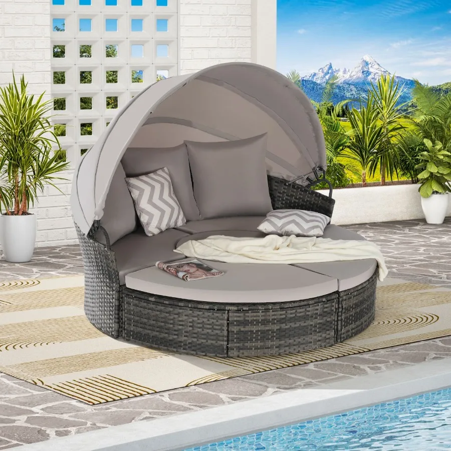 

5 Pieces Outdoor Patio Round Daybed Furniture Wicker Conversation Set with Retractable Canopy Soft Cushions and Storable Table