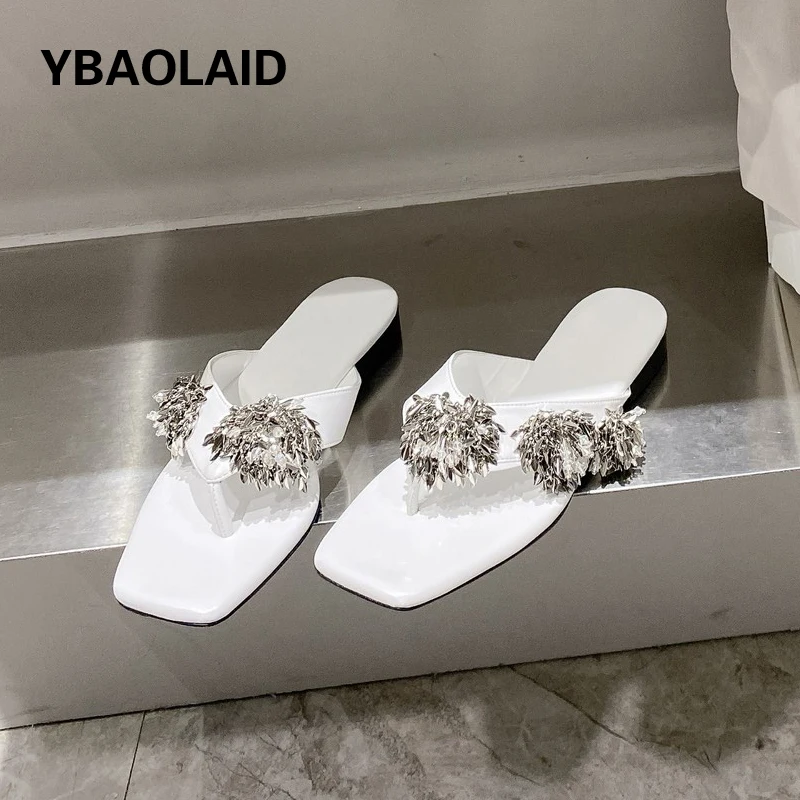 

Flats Slippers Women Bling Bling Crystal Beaded Flower Decor Flip Flop Genuine Leather Solid Concise Outside Slides Casual Shoes