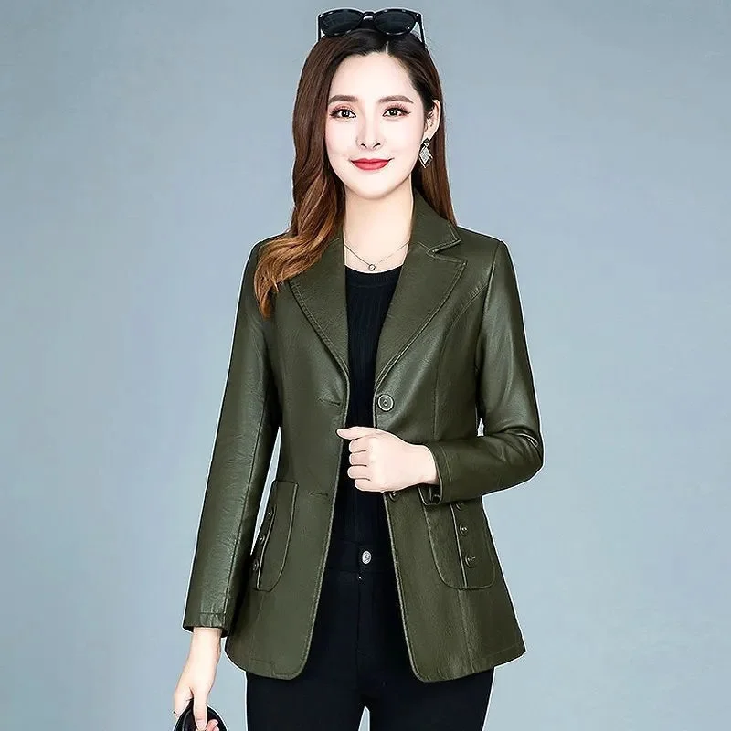 الكورية المرأة قصيرة الجلود أبلى ربيع الخريف الإناث حجم كبير 6XL فو بلوزات من الجلد 2025 السيدات موضة بولي Leather سترة جلدية