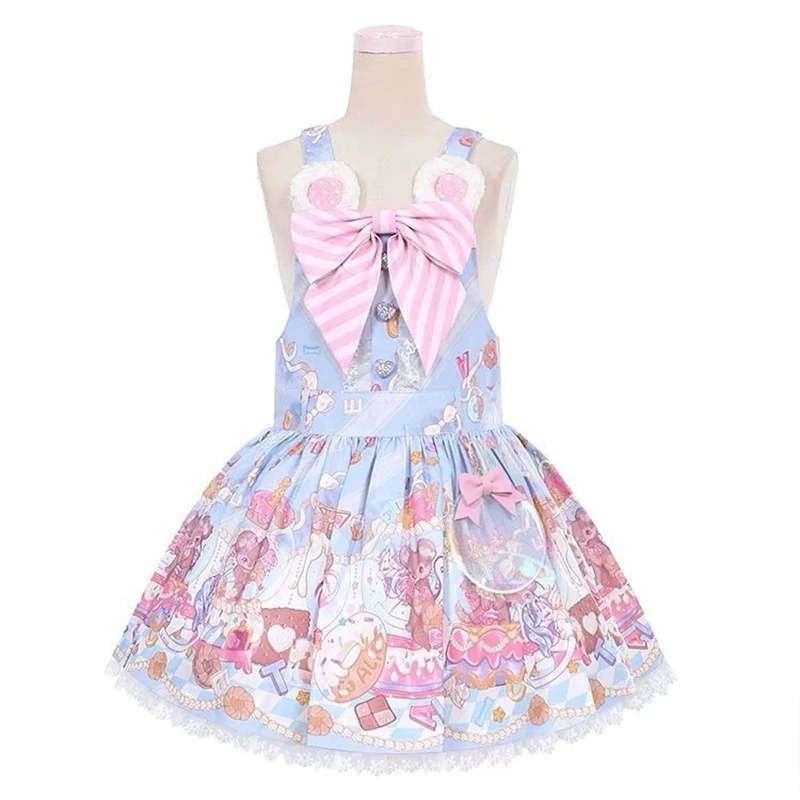 Japanese Gothic Lolita Jsk Dress Women Vintage Sweet Cartoon Sleeveless Princess Party Dresses Girls Kawaii Lace Bow Y2k Dress