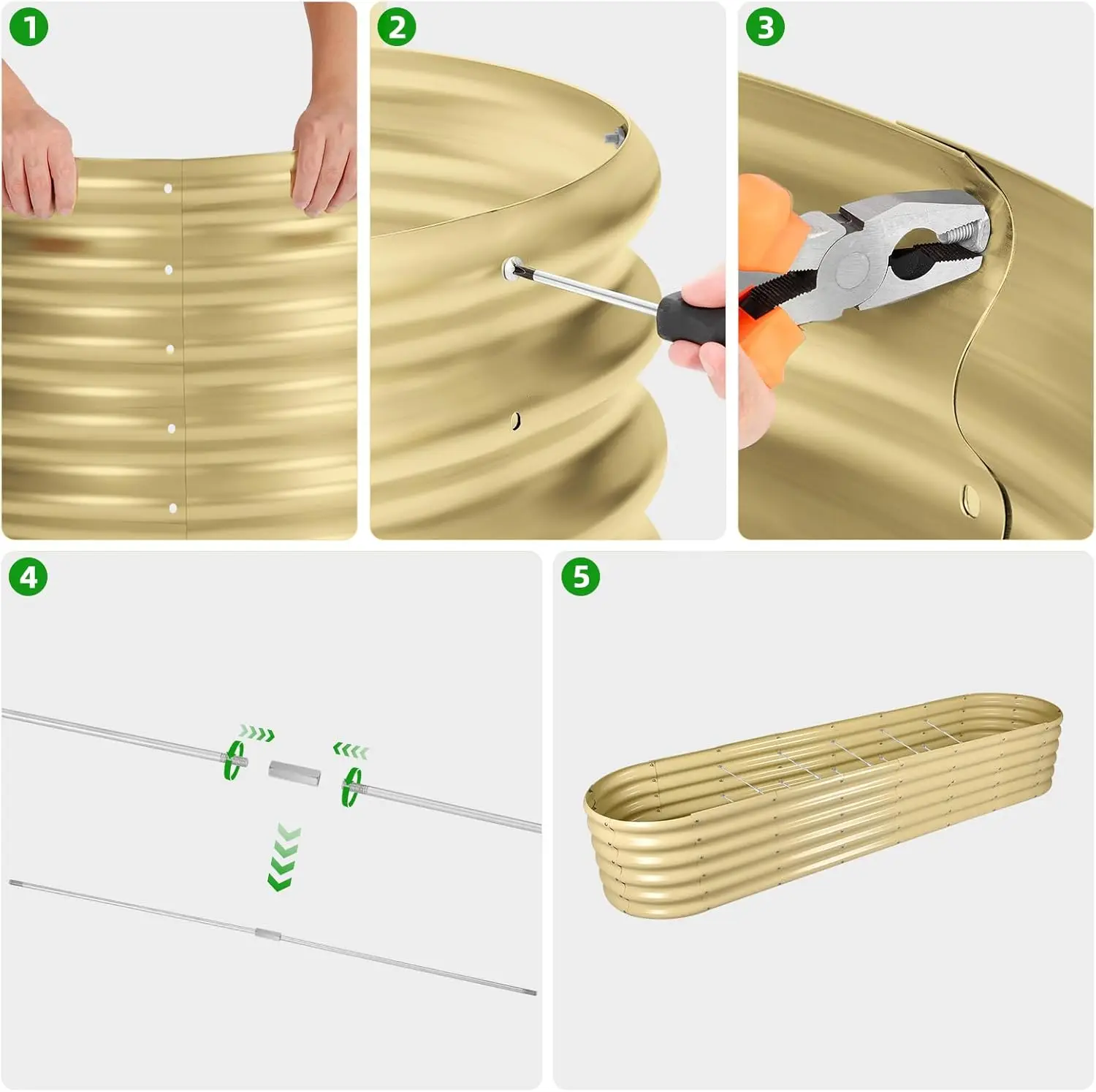 Kit letto da giardino rialzato zincato da 8×2×1,5 piedi, scatole da giardino rialzate da esterno, letti da giardino rialzati in metallo ovale per verdure, crema