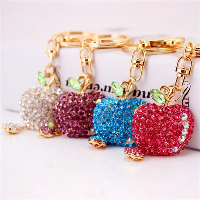 Cute Full Rhinestone Apple Keyrings Car Keychains Fashion Key Chains Metal Key Rings Women Handbag Charm Pendant Wedding Gifts