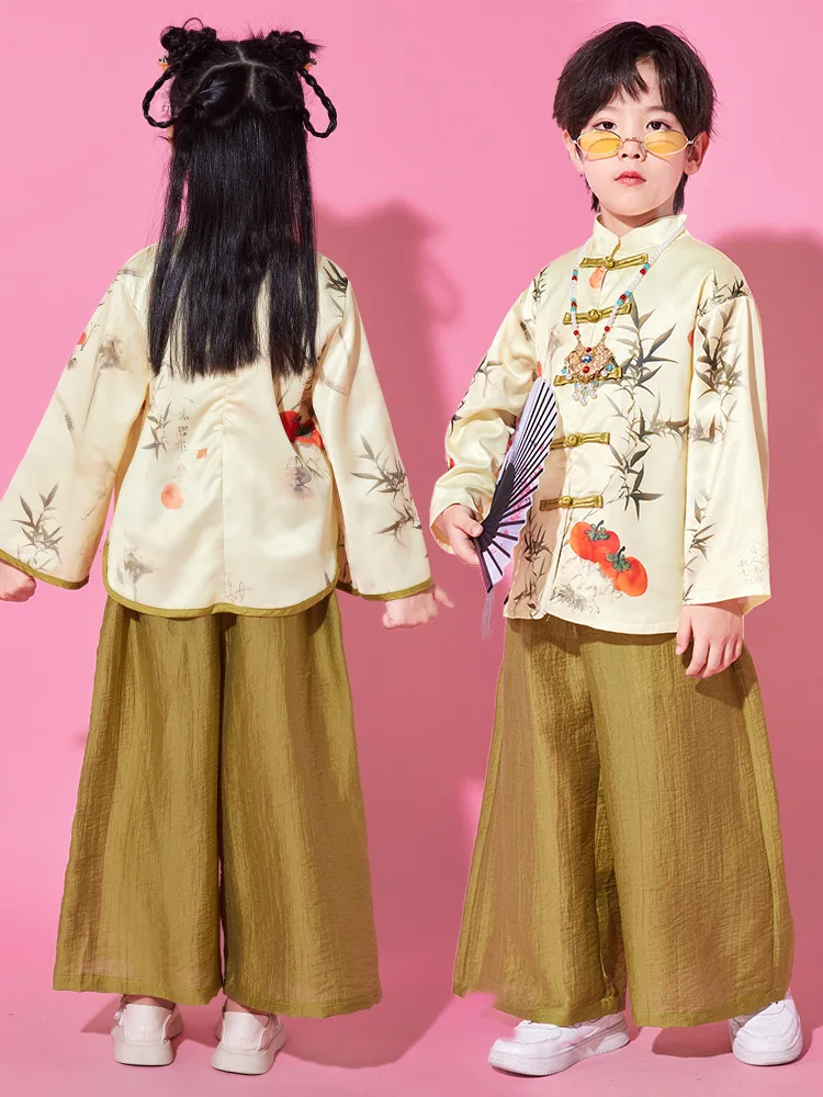 Boys Chinese Tang Suit Kids Hip Hop Clothing Bamboo Print Gold Top Wide Pants for Girls Dance Costume Clothes