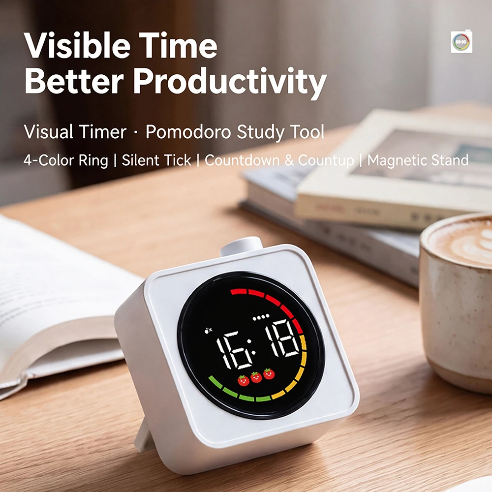 Visual Timer for Kids, Silent Countdown Timer with Pomodoro Mode, 4-Color Ring Classroom Timer, Magnetic Digital Timer for Study