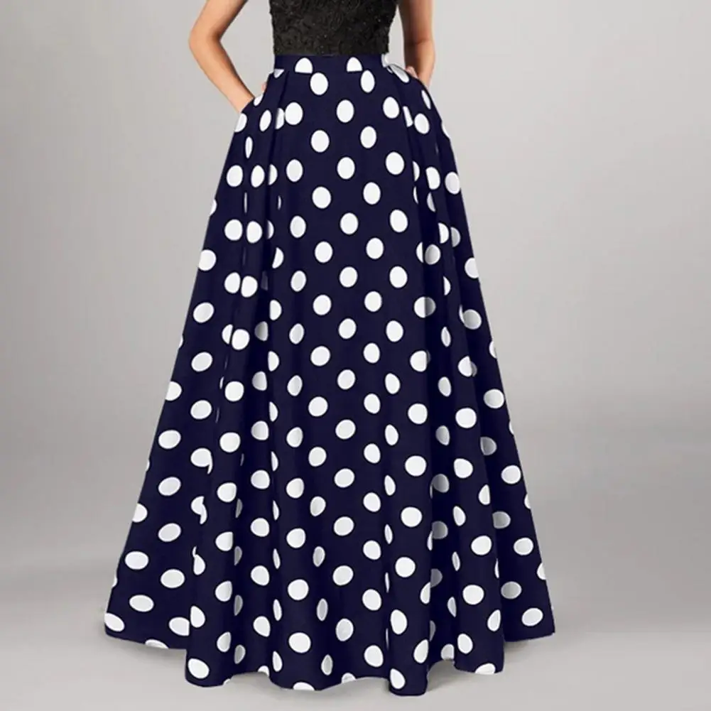 Polka Dot Flared A-line Women Maxi Skirt A-line Pleated Long Skirts Summer Lady Vintage Elastic Waist Dot Print Silhouette Skirt