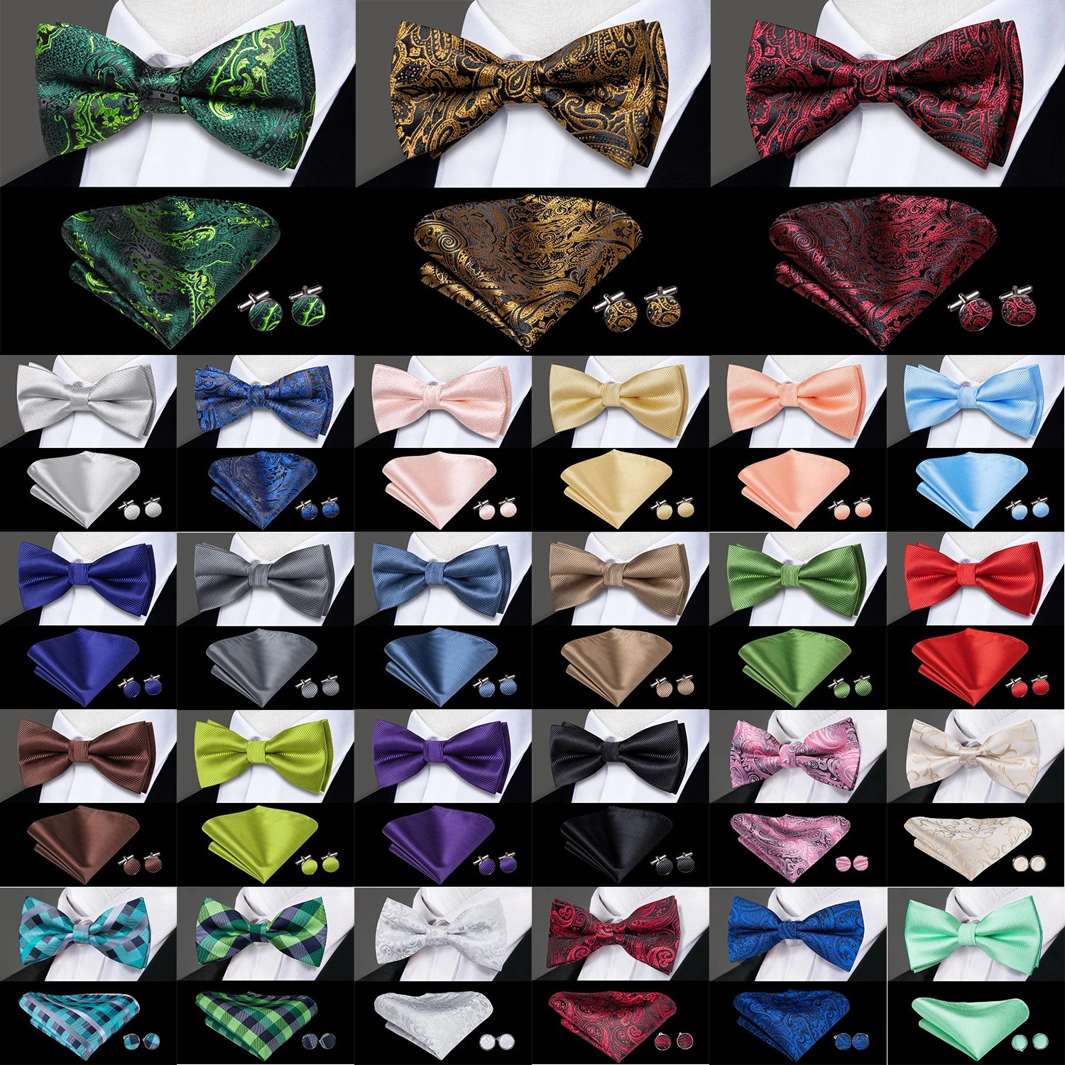 Conjunto de Corbata Pre-Atada, Pañuelo de Bolsillo y Gemelos para Hombre, Diseño Jacquard, Sólido, Paisley, Floral, para Bodas y Negocios