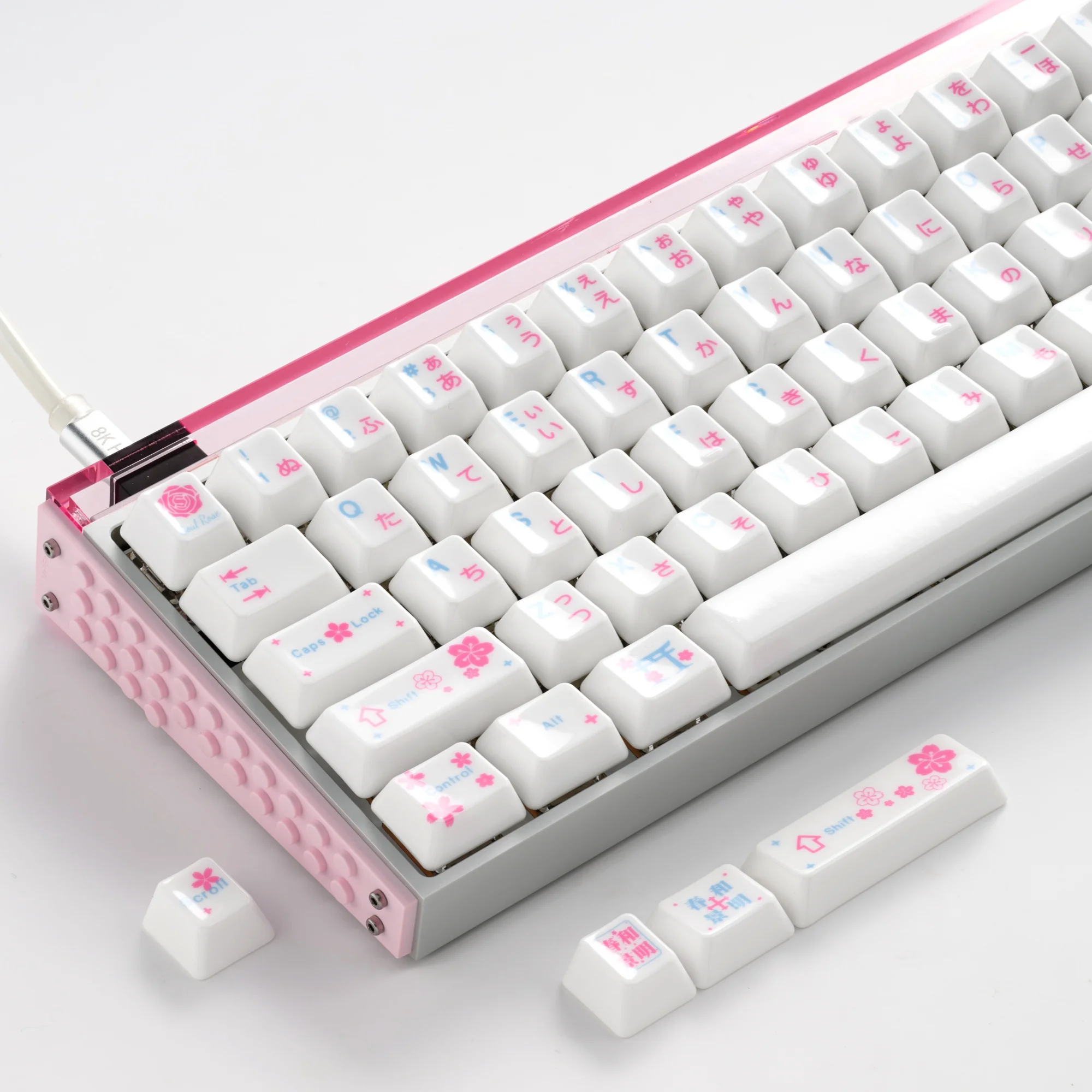 XVX Mild Spring Glaze Ceramic Keycap Set 120-Key ,Cherry Profile Sakura Pattern with Pink & Blue Dual Color Legends