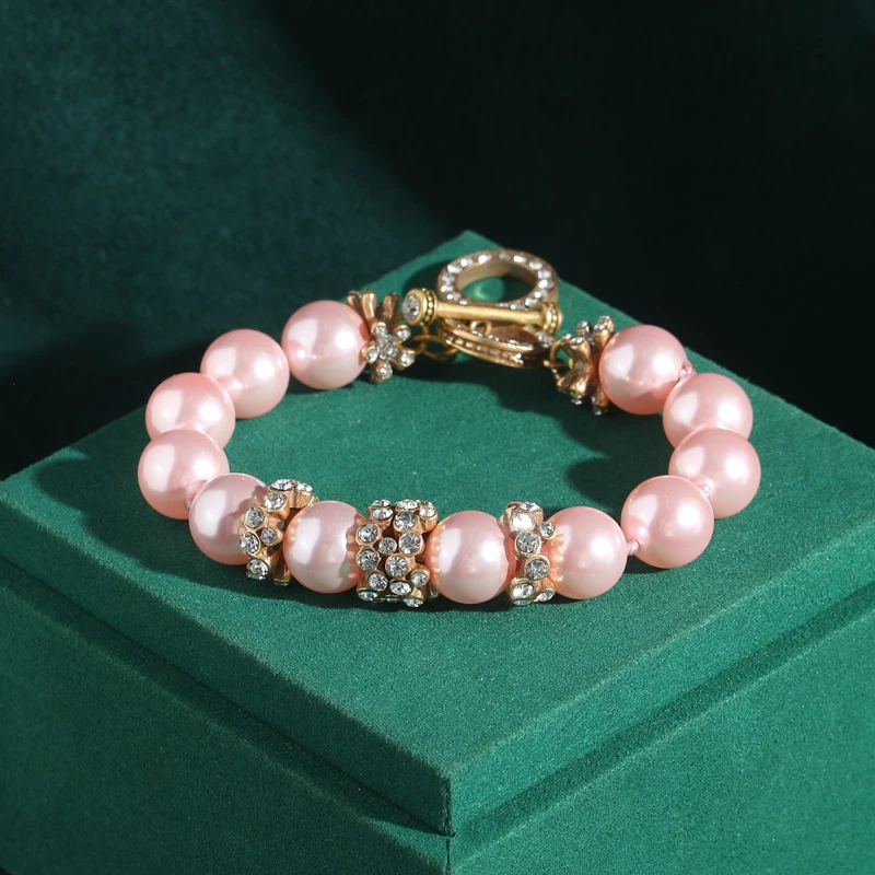 

Vintage Pink Pearl Beaded Bracelets Antique Gold Color Stone High Quality Luxury Jewelry For Women 2026 New Trend Birthday Gifts