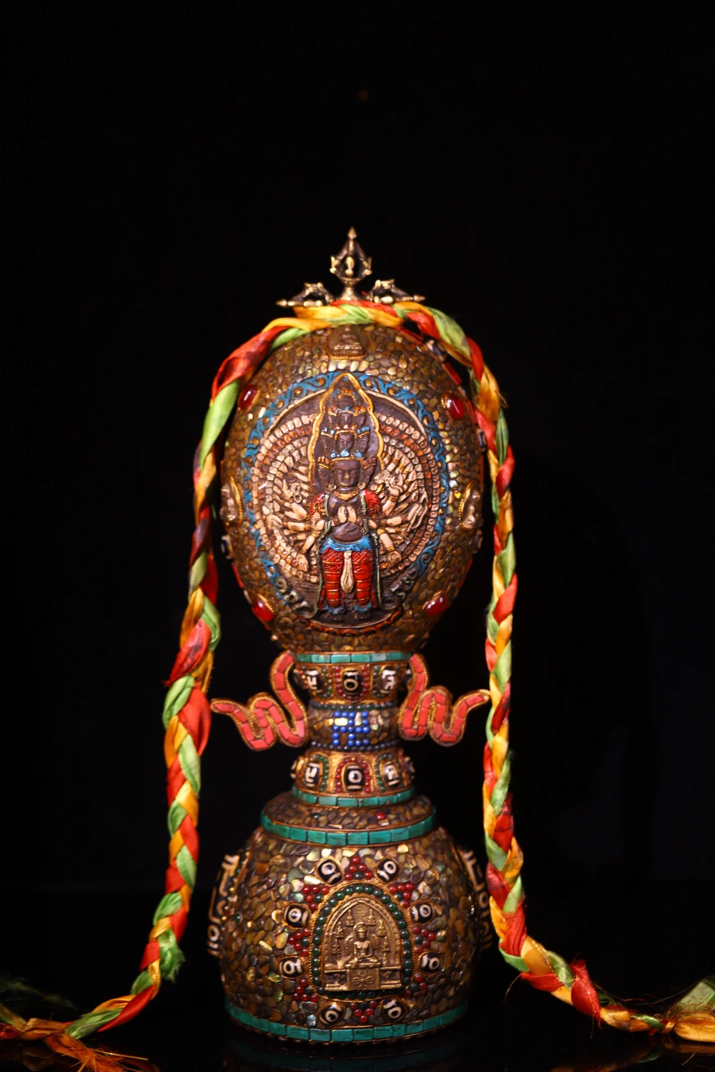

17"Old Kabala Bowl Painted Mosaic Gem gZi Beads Shell1000 arm Guanyin Mahakala Buddha Eight Treasures Bodhi Root Base