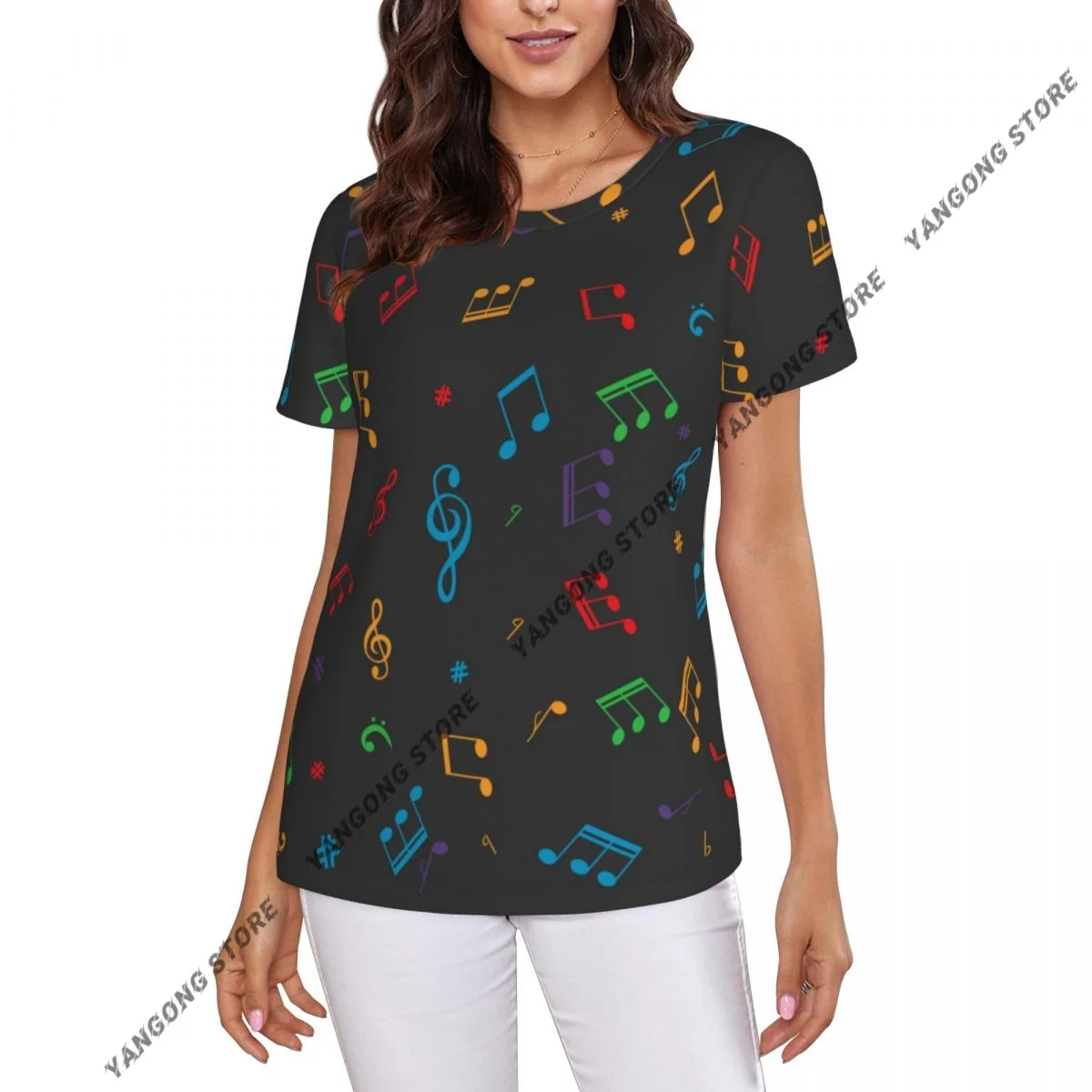 Casual Summer Woman Skinny Fit T-shirt Tight Short-Sleeve O-neck Tee Basic Musical Notes Pattern T Shirt