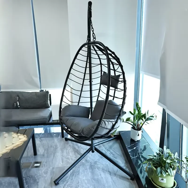 PE Rattan Single Hanging Chair with Steel Frame and Seat Cushion KD Outdoor Balcony Hammock Recliner