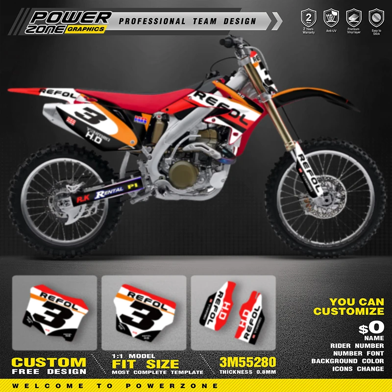PowerZone Custom Graphics Background Decals Stickers Kits For HONDA CRF450 2005 2006 2007 2008 Motocycle Name Number Custom view 3