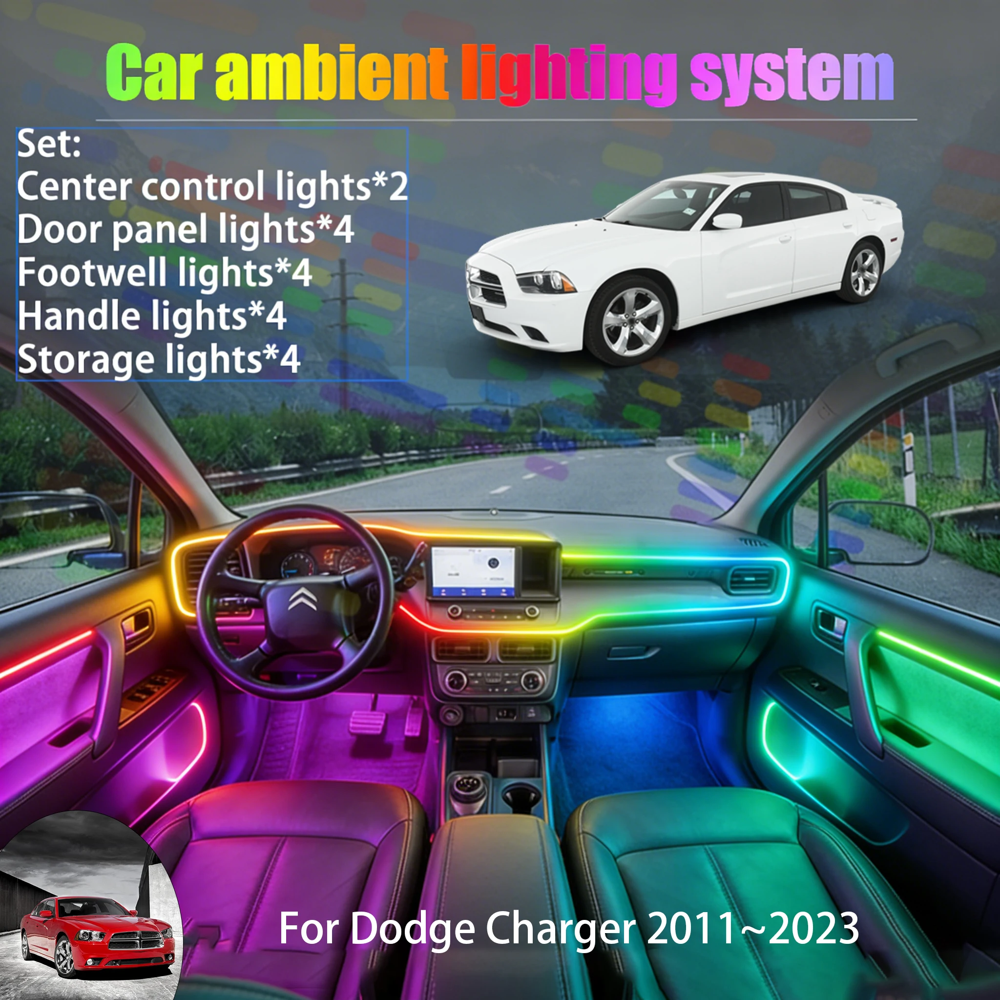 

For Dodge Charger 2011~2023 MK7 2/18 in 1 Car ambient lighting Led trunk interior led lights USB RGB Ensemble Streamer Auto Part