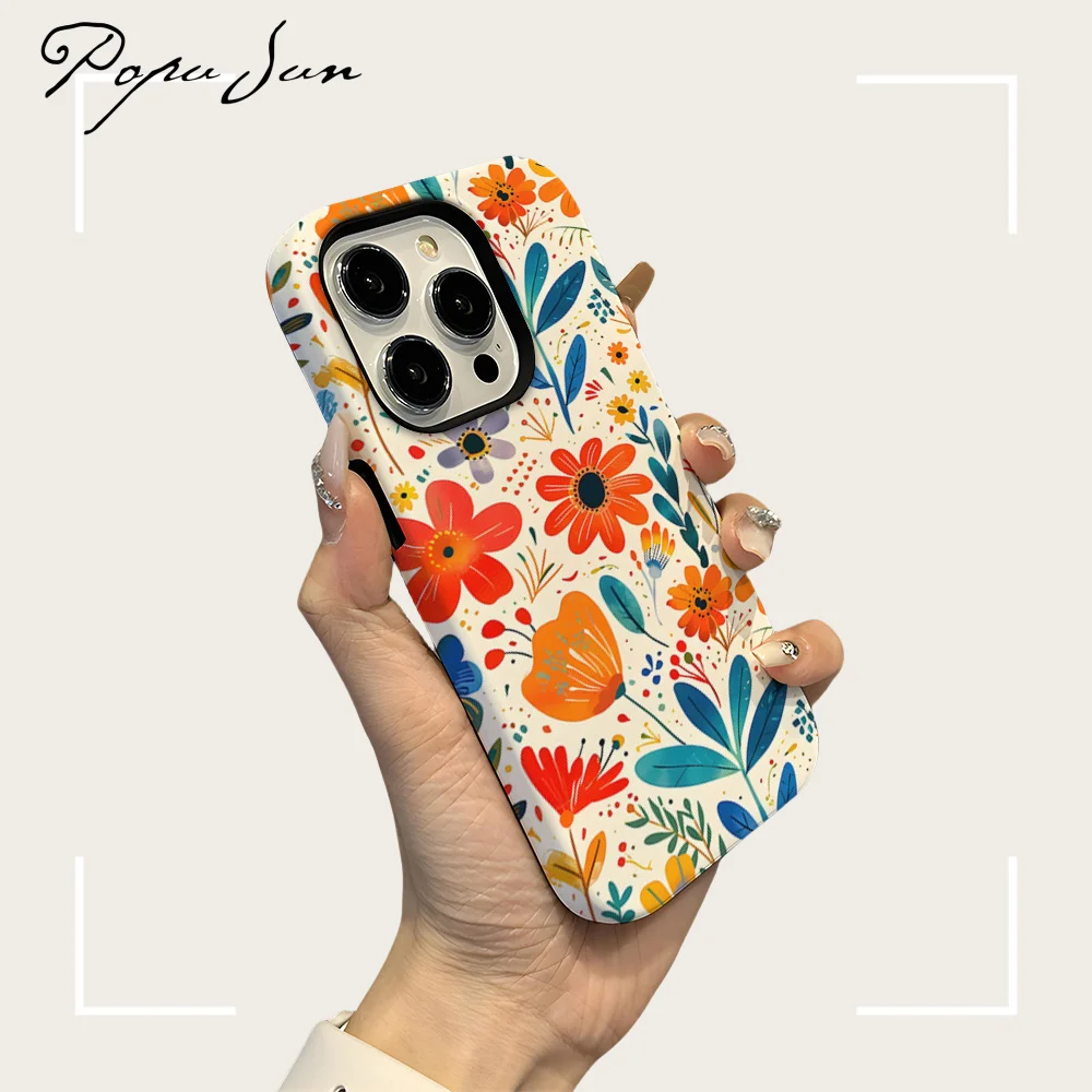 Fashion Flower Printed Flora Phone Case For iPhone 16 15 13 12 11 Pro Max 15 16 14 Plus Hard Protection 2 In 1 Back Cover Funda