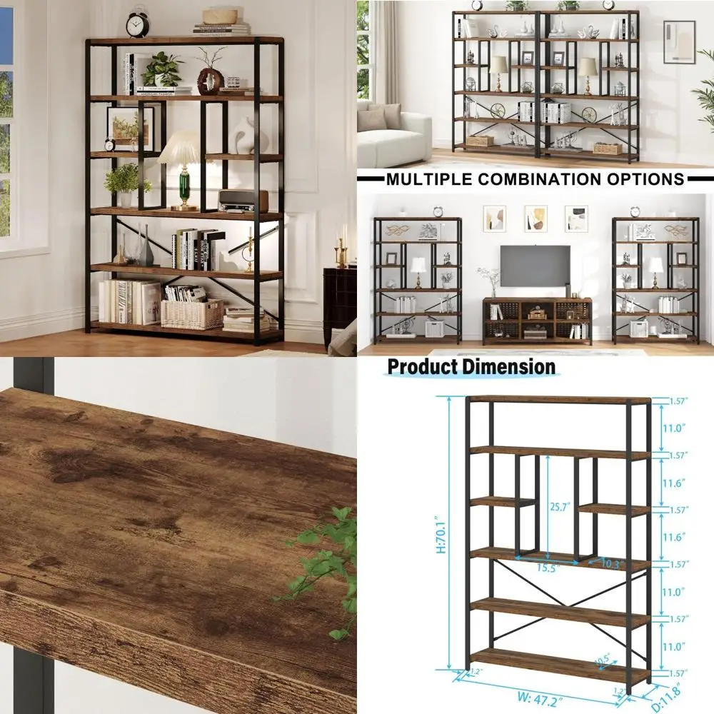 رف تخزين رف كتب عمودي من المعدن والخشب الصناعي مكون من 6 طبقات، خزانة كتب ريفية تعرض Etagere للمكتب المنزلي #1
