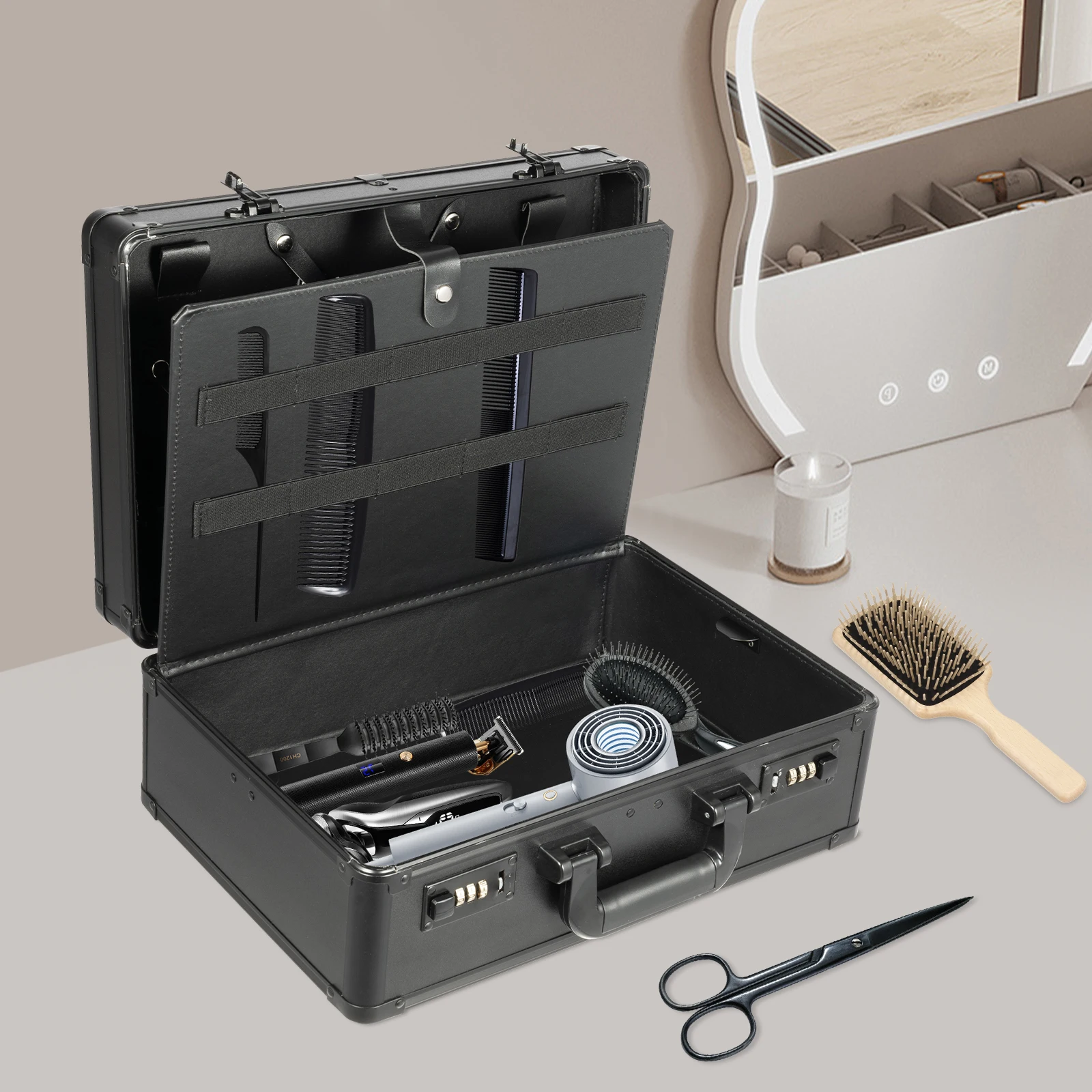 黒色理髪ツールボックス、理髪ツールボックス、サロン用大容量プロ用ヘアキットオーガナイザー収納ディスプレイボックス