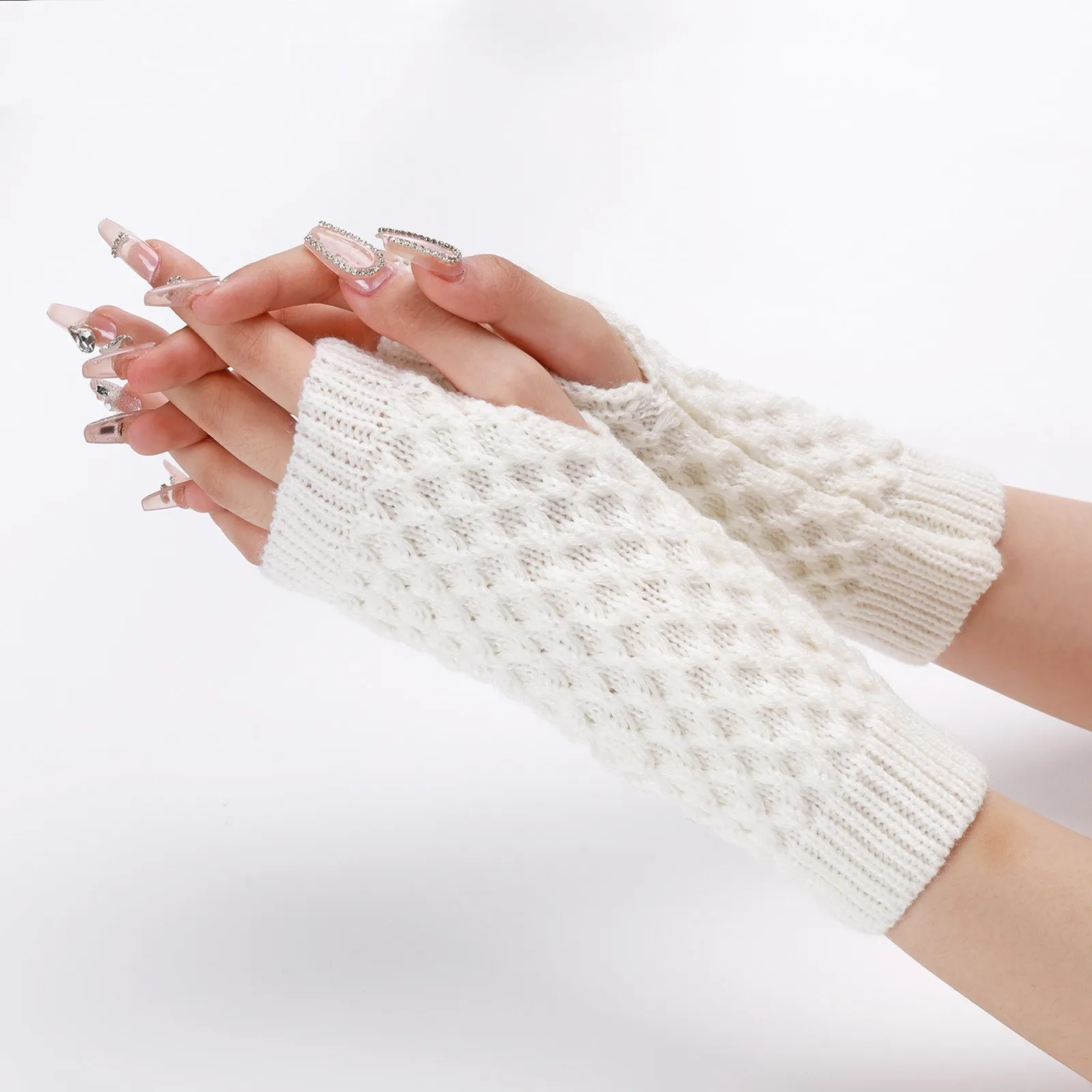 Fashion Women Winter Gloves Hand Knitted Crochet Half-Finger Gloves Solid Color Soft Warmer Mittens Outdoor Driving Gloves