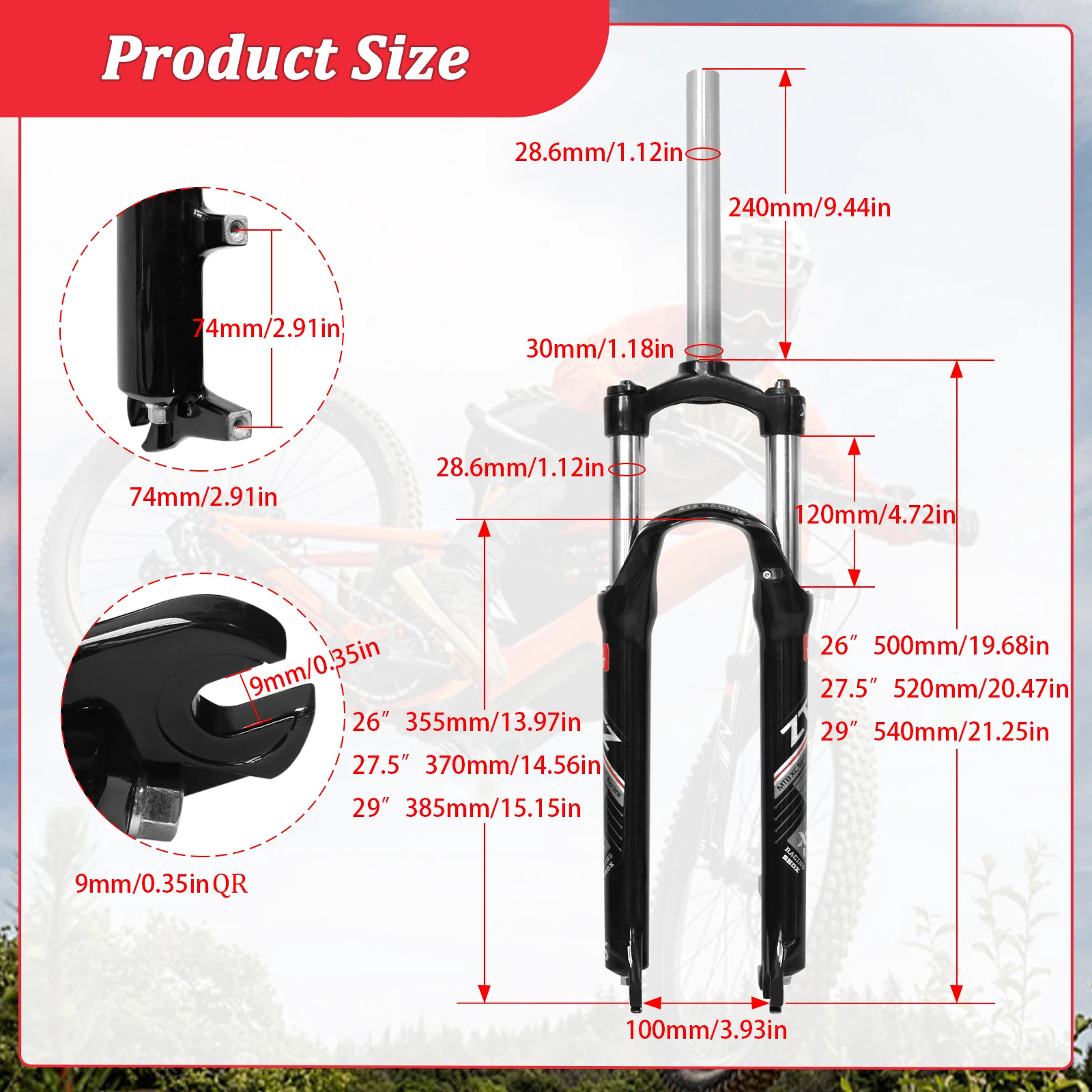 

26/27.5/29 Inch MTB Suspension Fork, Travel 120mm, 28.6mm Straight Tube QR 9mm, 100mm Spacing Hub, Crown Lockout
