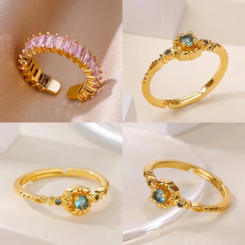 Grüne runde Zirkonringe für Frauen, goldfarben, Edelstahl, verstellbarer Ring, Hochzeit, Y2K-Schmuck, Accessoires, Geschenk