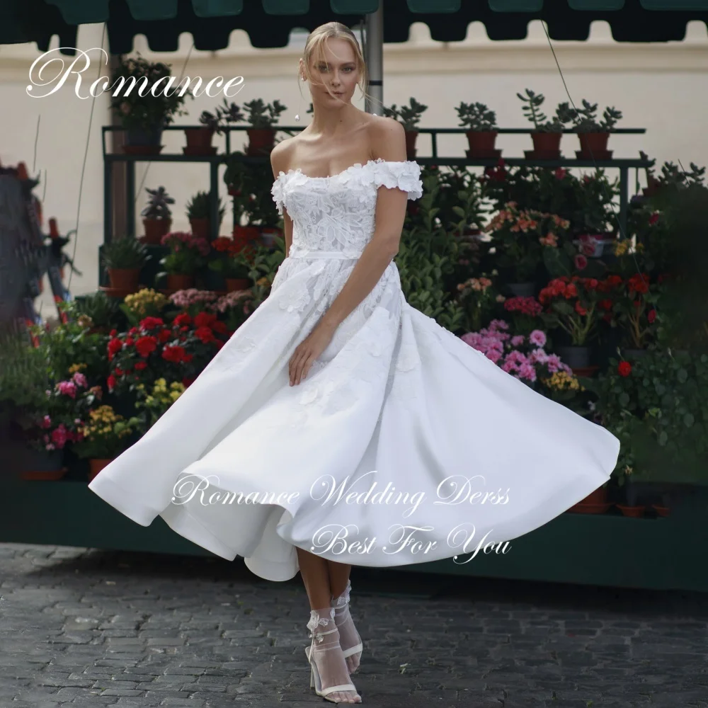 Eleganckie suknie ślubne w kształcie litery A z koronkowymi aplikacjami, odkryte ramiona, 2025, kwiaty, dekolt w łódkę, długość do kostek, Vestidos De Novia, możliwość personalizacji.