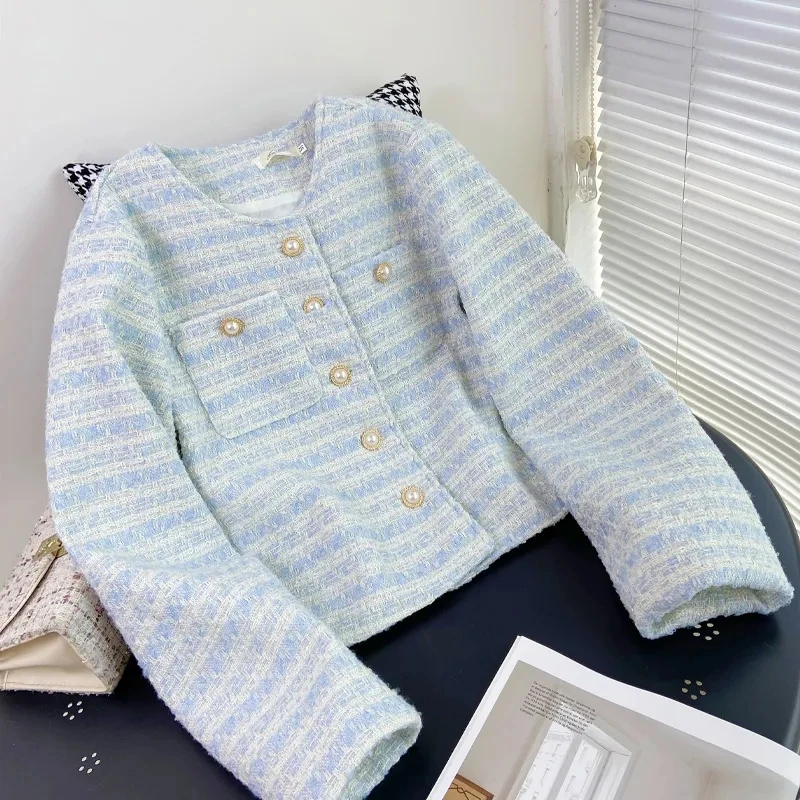 Elegant Fashion Stripe Long Sleeve Cardigan Women Fall Winter Temperament Pocket Pearl Button Clothes Korean Version Casual Tops