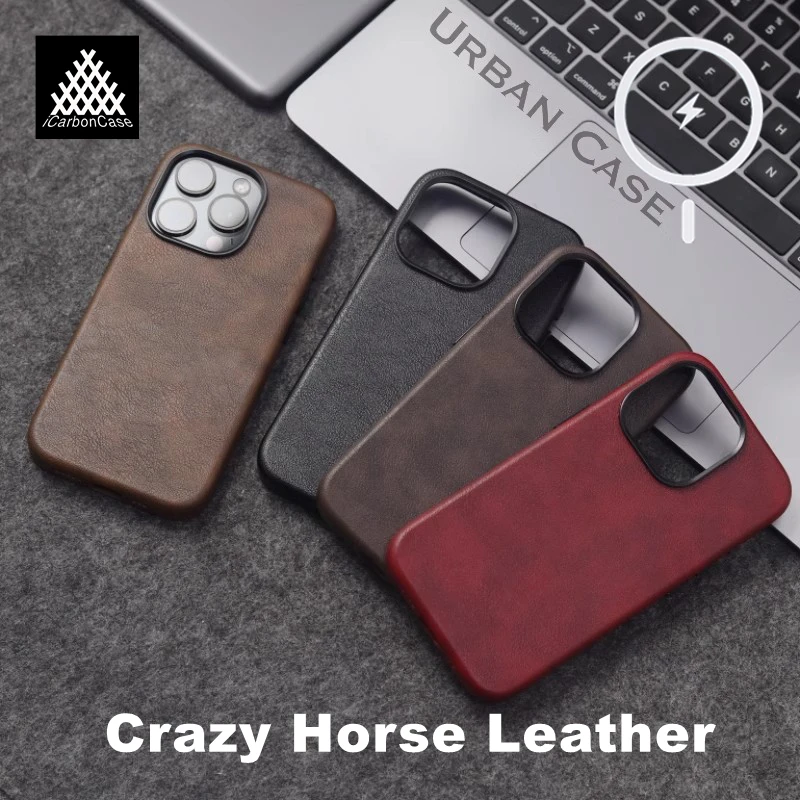 Genuine Crazy Horse Magnetic Leather Case for iPhone 17 17Air 17PRO 16 15 14 13 12 Pro Max with Magsafe / Metal Lens and Buttons