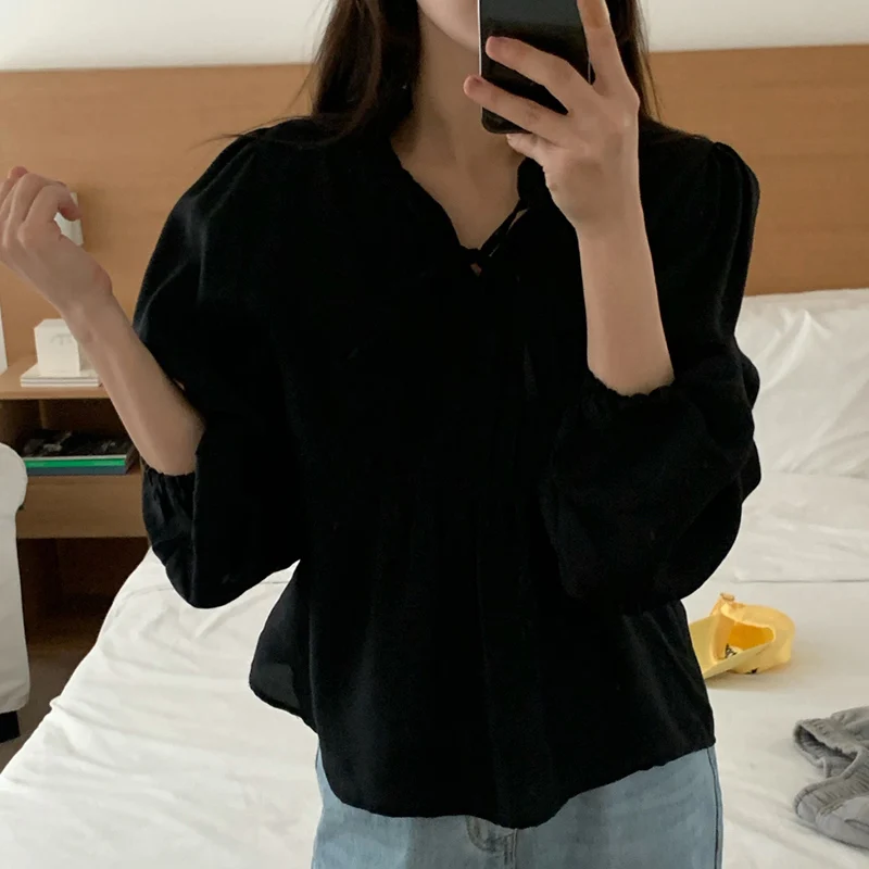 Chic automne doux v-ne ruban épissure conception bulle Sve ample couleur Pure irt femmes Faion décontracté Sle Long Sve