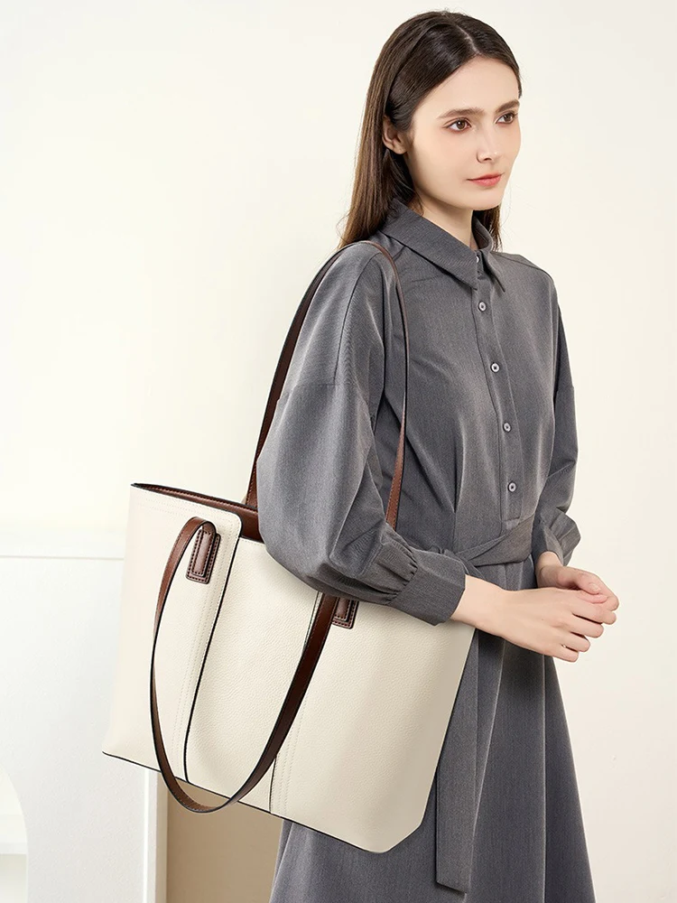 Zency Casual Genuine Leather Women's Large Tote Bag Handbag Classic Shopper Pocket Big Purse For Commuters