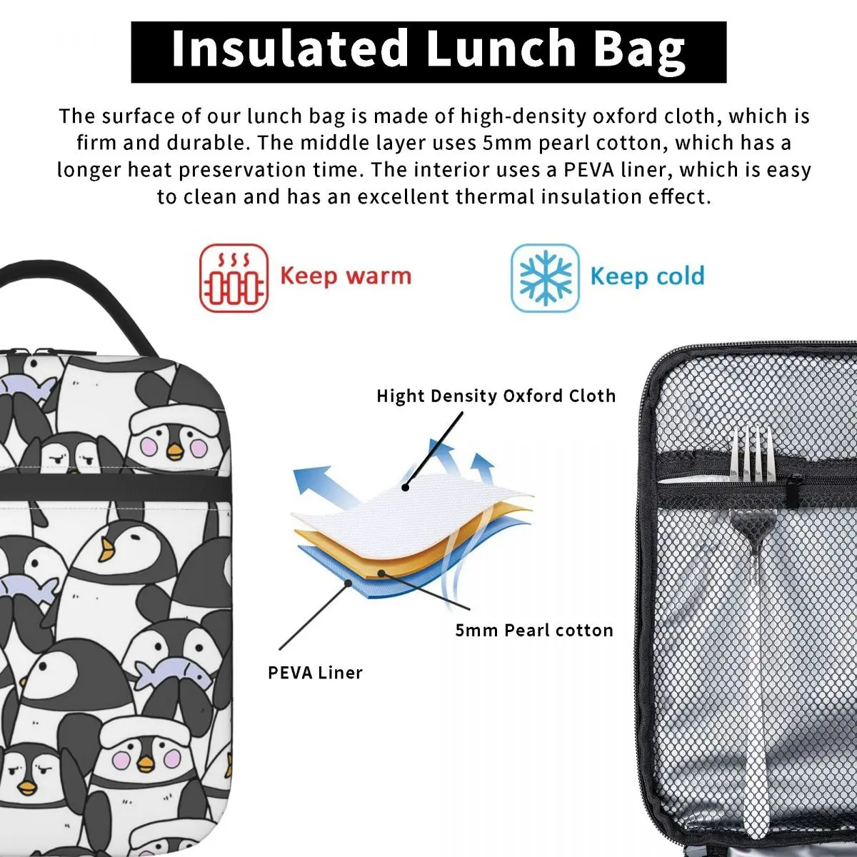 Hand Drawn Penguin Set Insulated Lunch Bag for Women Children Leakproof Food Boxes Thermal Lunch Box Tote