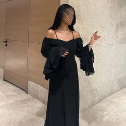 Chiffon Elegant Formal Occasion Dresses 2024 Trumpet Sleeves Long Ball Gowns Simple Black Sexy Evening Party Gown فساتين الحفلات