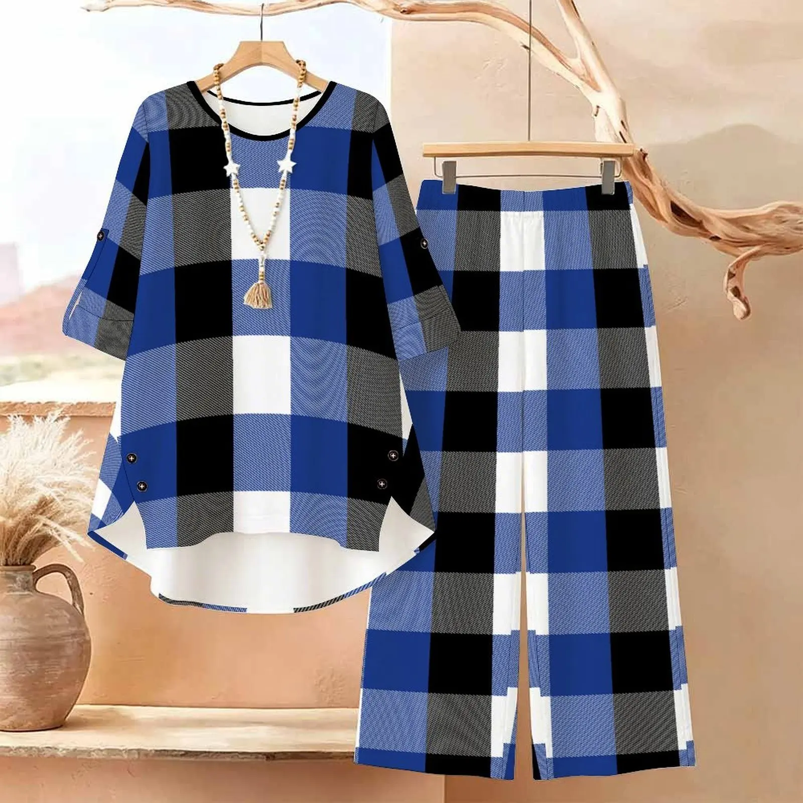 Printed Pants Elegant Button Long-sleeved Fashion Suit Casual Sweatpants Autumn Women's Two-Piece Set Round Neck Printed Top