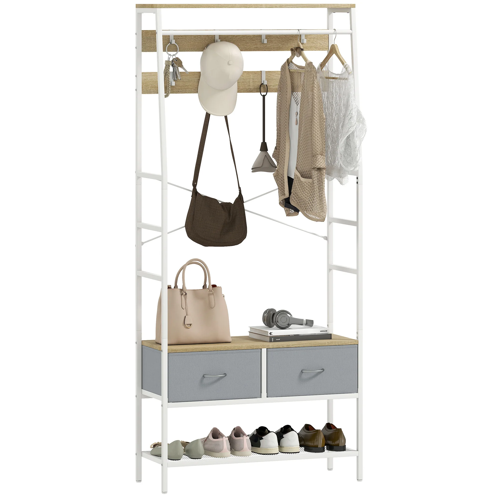 HOMCOM Perchero Zapatero con Zapatero Ganchos Cajones Barra y Eatante para Entrada Pasillo Salón 80x30x180,5 cm
