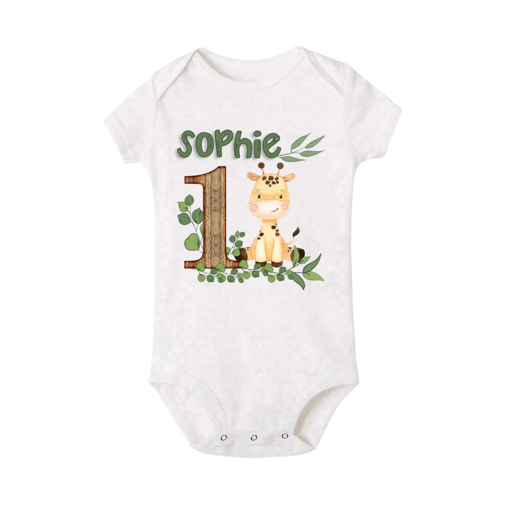 Personalised Safari Animal with Name Baby Romper Newborn Wild One Jungle Birthday Party Bodysuit  Jumpsuit Infant Shower Gifts