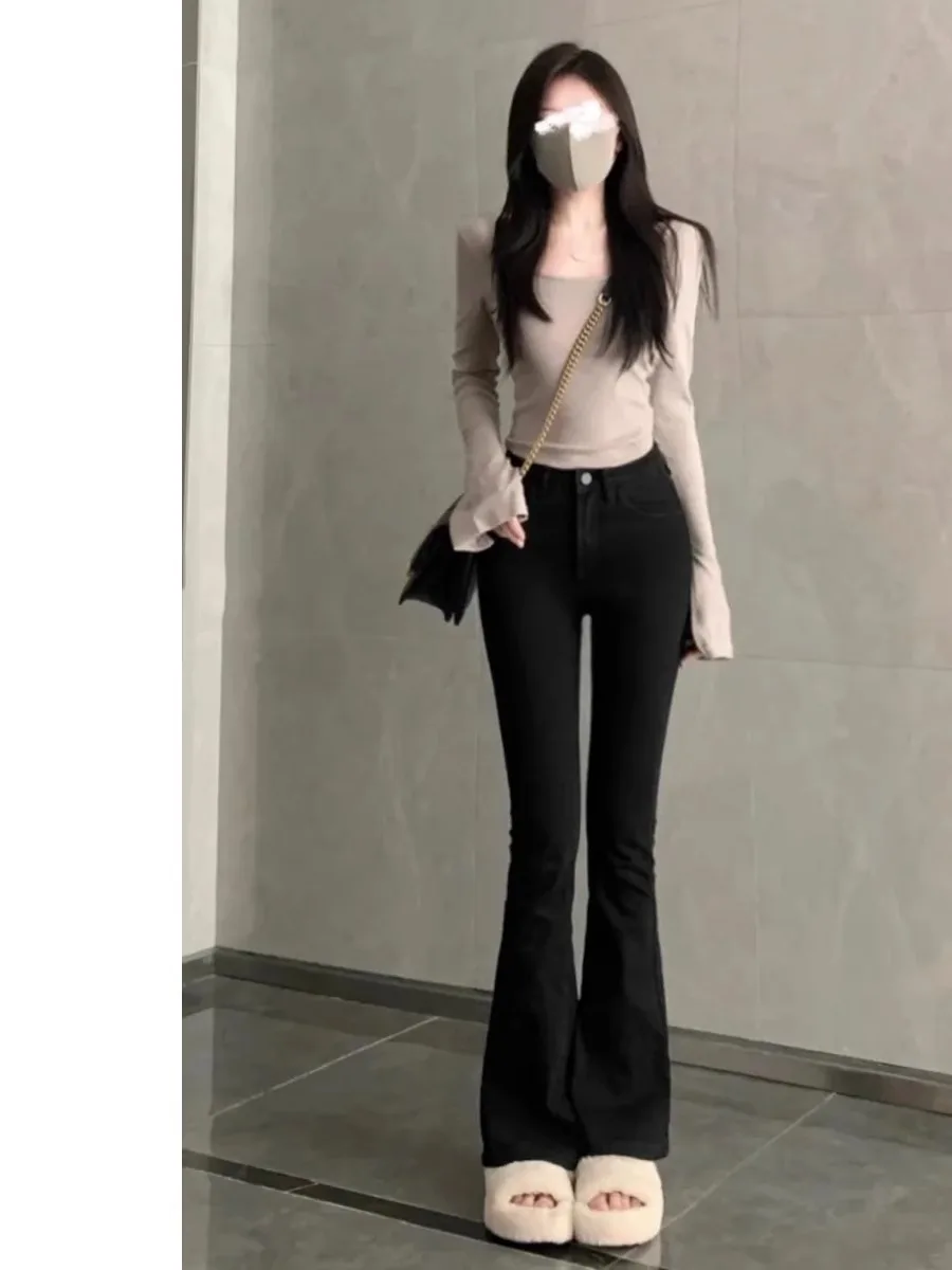 

High Waist Flared Jeans Women's Fleece Lined Floor Length Hoof Pants Casual Style Cotton Stretch Denim Wear Resistant