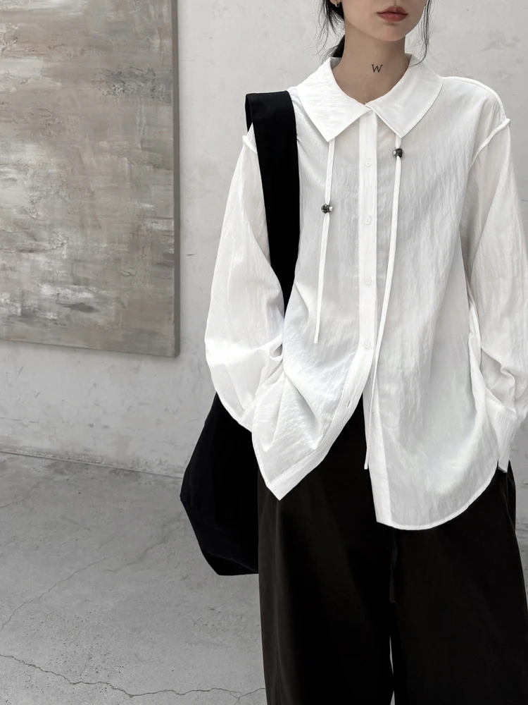 

Dark Autumn New Loose Long Sleeve Women's Shirt Elegant Sash Design Unique Loose Versatile Stylish Top Acetate Fiber Collar