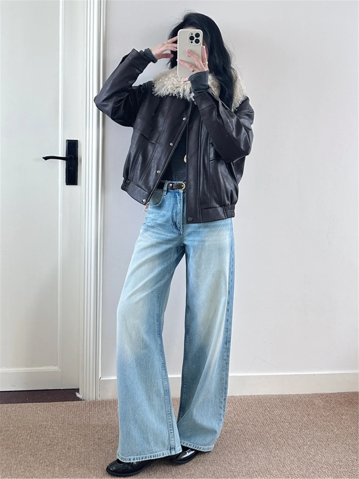 

Tall Women's Loose Wide Leg Jeans Light Blue Spring Casual Cotton Natural Waist Loose Drapey Straight Cut Jeans