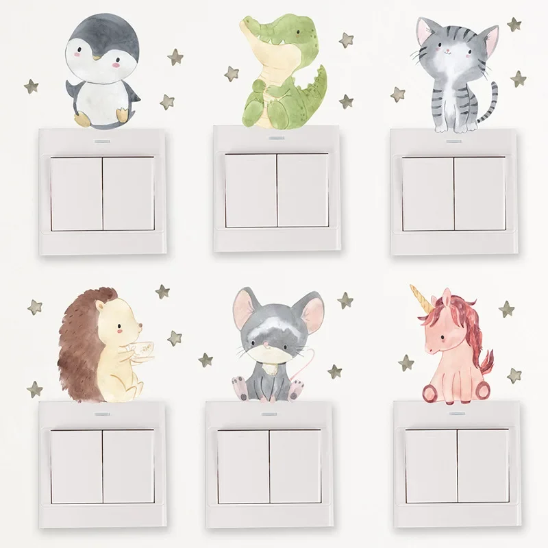 6pcs/set Boho Color Cute Cartoon Animals Switch Stickers for Wall Kids Room Baby Nursery Room Wall Decals Stars Home Decor