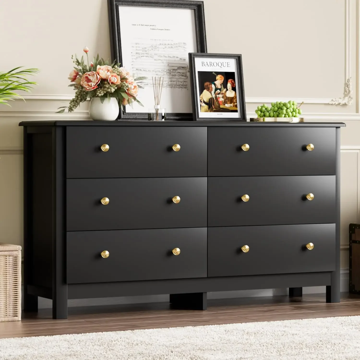 Black Dresser for Bedroom, Modern 6 Drawer Double Dresser for Kids with Gold Pulls, Dressers & Chests of Drawers, 6 Drawer Dress