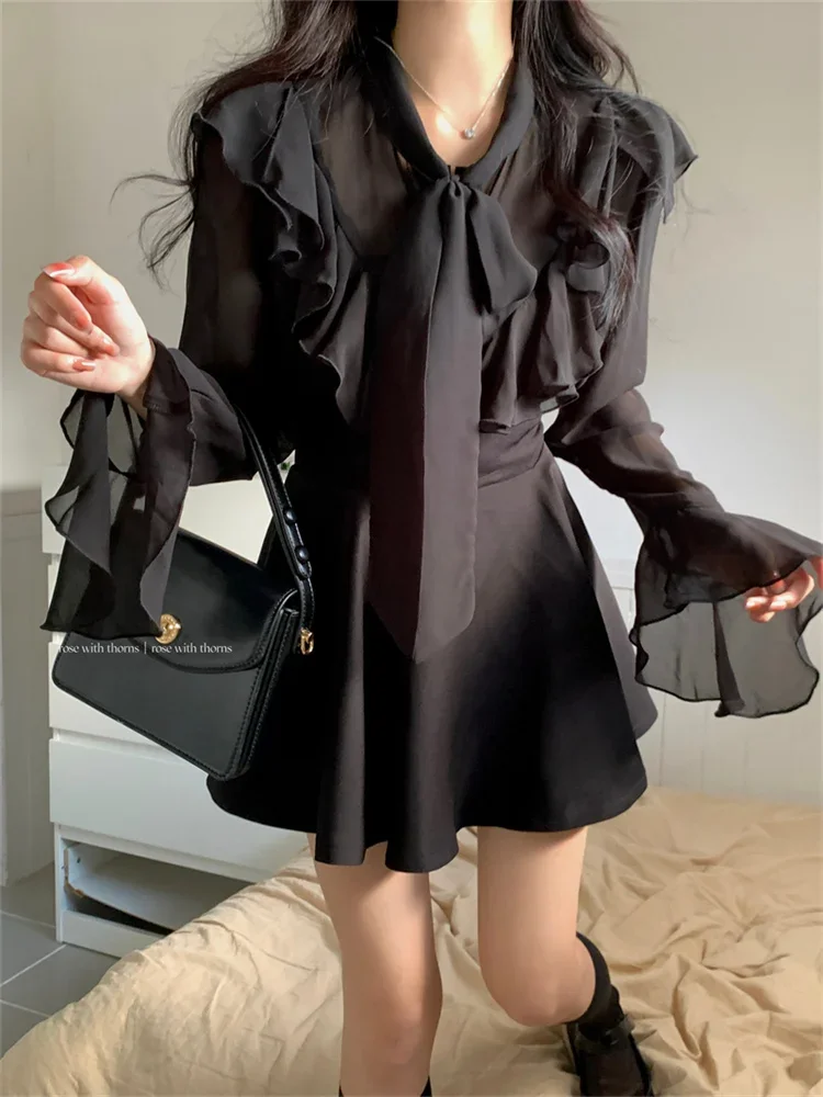 Chic Black Two Piece Set Women Summer Elegant Flared Sleeves Ruffles Chiffon Shirt + High Waist Mini Skirt Korean 2 Pieces Suits