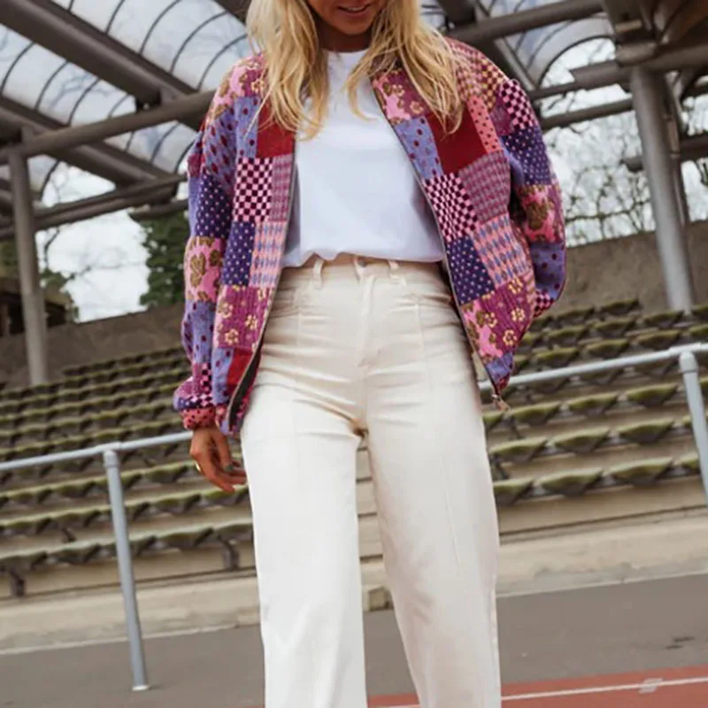 

Повседневная короткая куртка с круглым вырезом и длинными рукавами, осень-зима, модное свободное пальто с узором и принтом, женское элегантное бейсбольное пальто на молнии