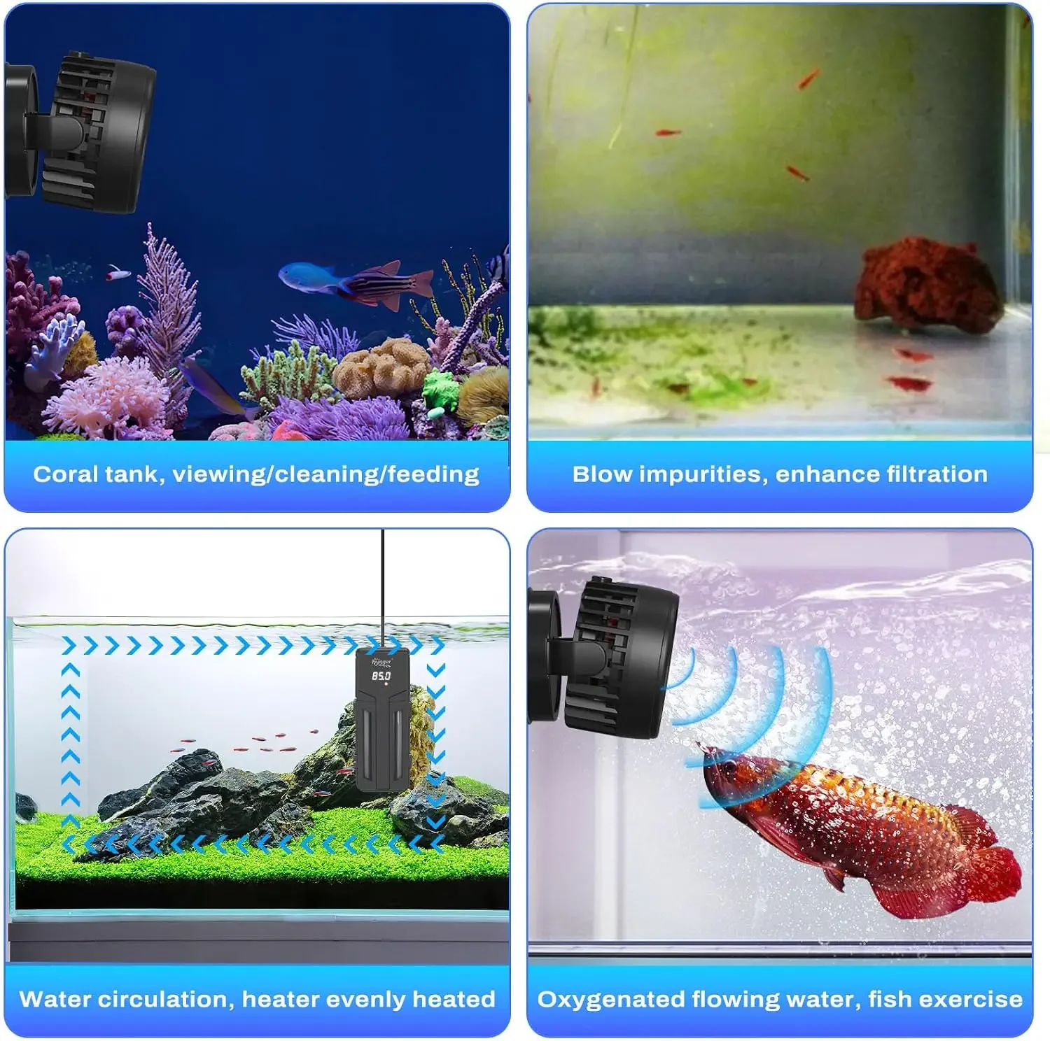 DC Powerful Wave Maker For Aquarium, Quiet Aquarium Circulation Water Pump Adjustable Flow Freq, 4 Waves/Night/Feed Modes