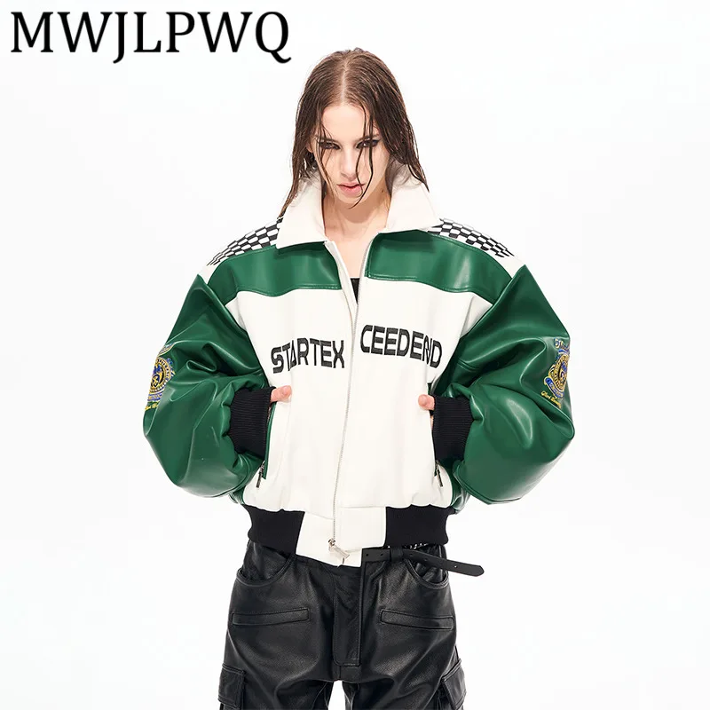 

MWJLPWQ унисекс мотоциклетная кожаная куртка с вышивкой букв, мужская зимняя американская уличная негабаритная мягкая гоночная куртка 12758