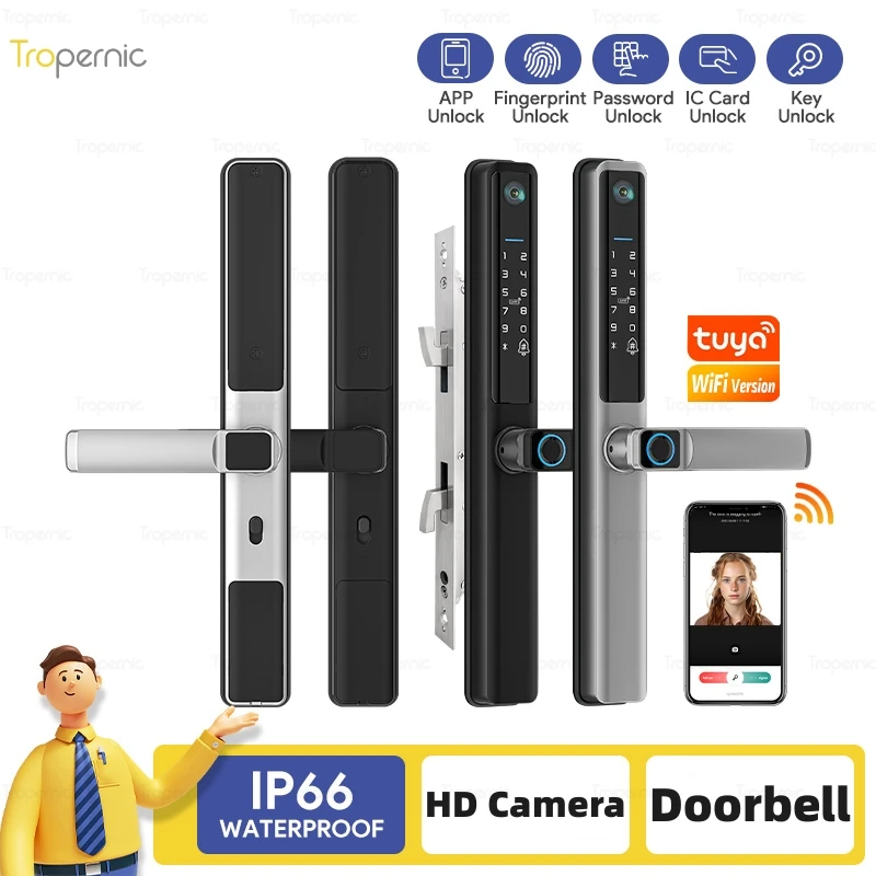 TUYA APP Remote IP66 Waterproof Smart Fingerprint Code RFID Card Aluminum Alloy Pull Push Sliding Door Lock Electronic Anti-Lock