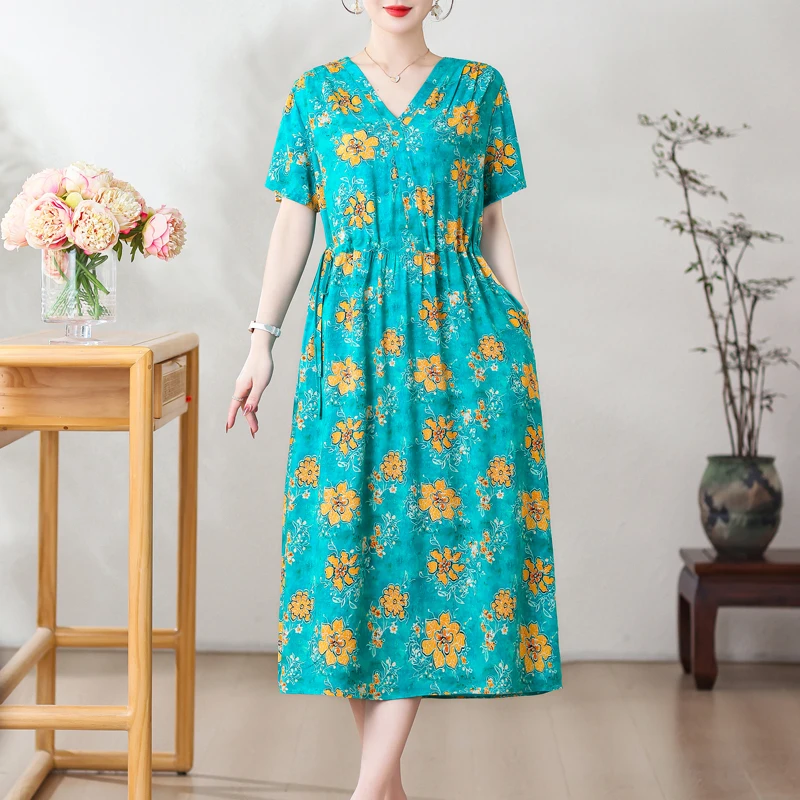 Vestido de verano para mujer, vestido Vintage corto de algodón con estampado Floral, Vestidos de moda de talla grande